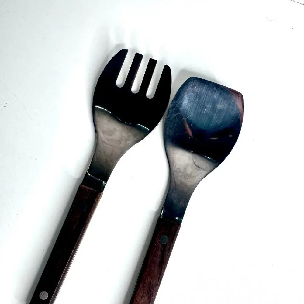 Vintage Wooden Stainless MCM Salad  Serving Set Japan w/hook